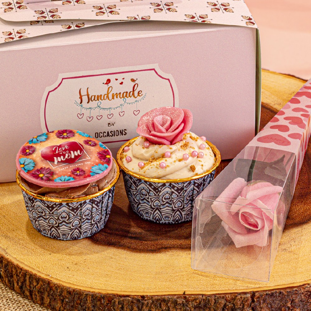 MOTHER'S DAY CUPCAKE BOX OF 2 WITH ARTIFICIAL ROSE COMBO  