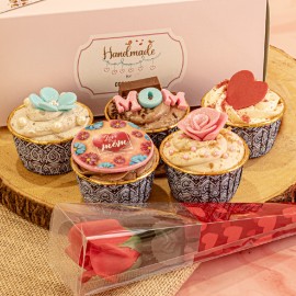 MOTHER'S DAY CUPCAKE BOX OF 5 WITH ARTIFICIAL ROSE COMBO 