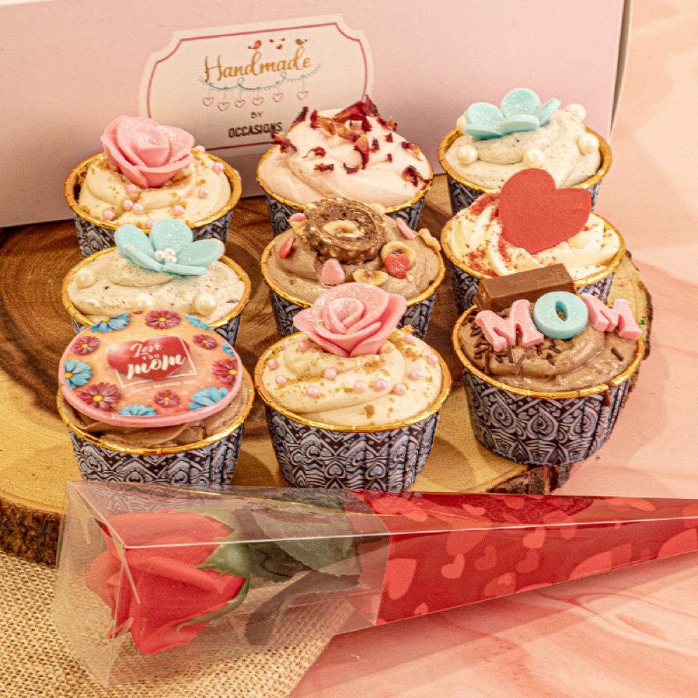MOTHER'S DAY CUPCAKE BOX OF 9 WITH ARTIFICIAL ROSE COMBO 