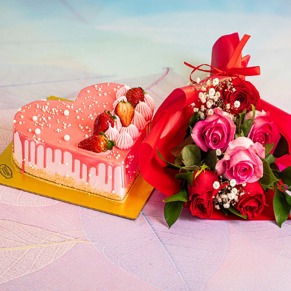 Strawberry cake with 6 flower combo