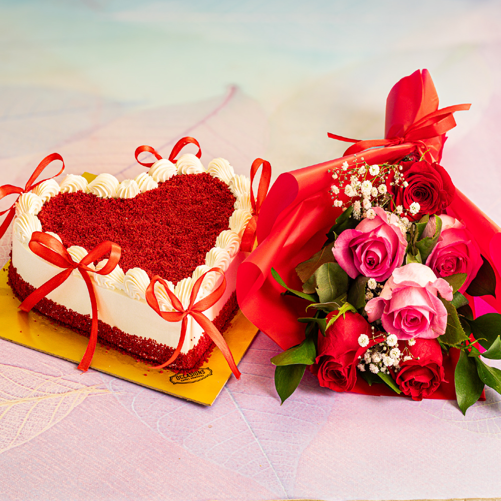 Red velvet cake with 6 flower combo