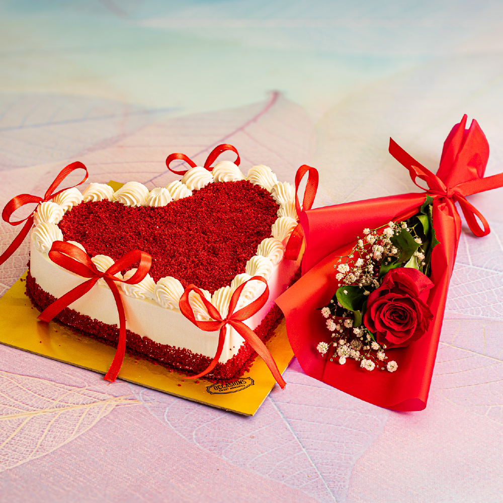 Red velevet cake with single flower combo 